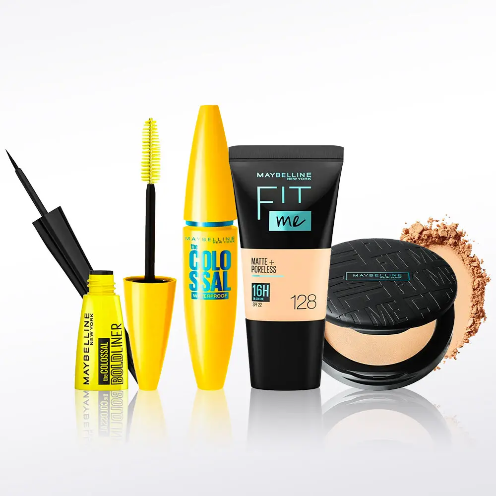 Maybelline Newyork Bold & Beautiful Combo 1 | Fit Me Compact 128 (6g) | Fit Me Liquid Foundation Tube 128 (18ml) | Colossal Waterproof Mascara Black (10 g) | Colossal Bold Eyeliner Black(3g)