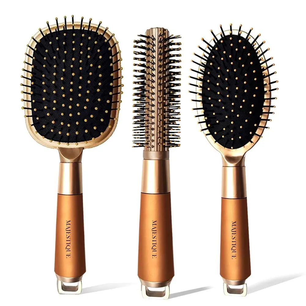 Majestique Golden Series Round, Paddle and Detangle Hair Brush Set for Women & Men