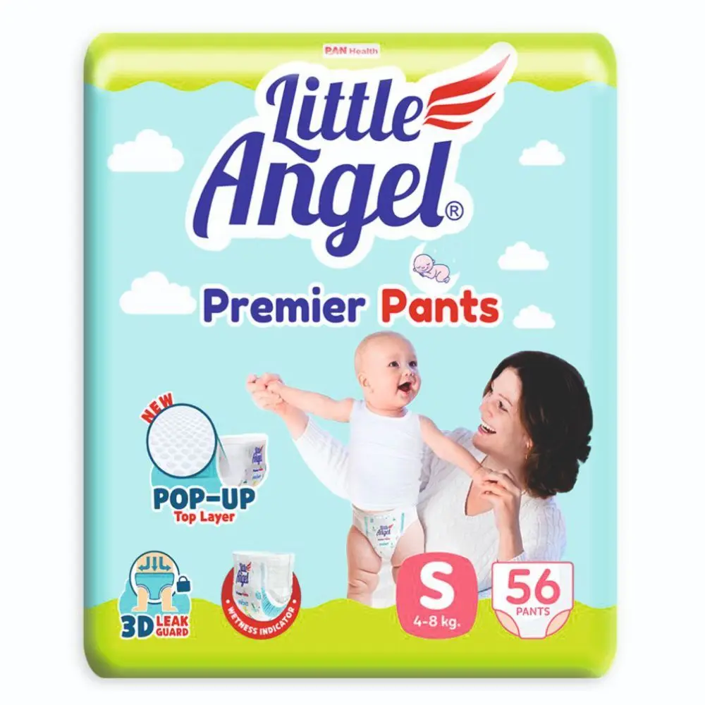 Little Angel Premier Pants Baby Diapers, Small (S) Size, 56 Count with Wetness Indicator, 4-8 Kg