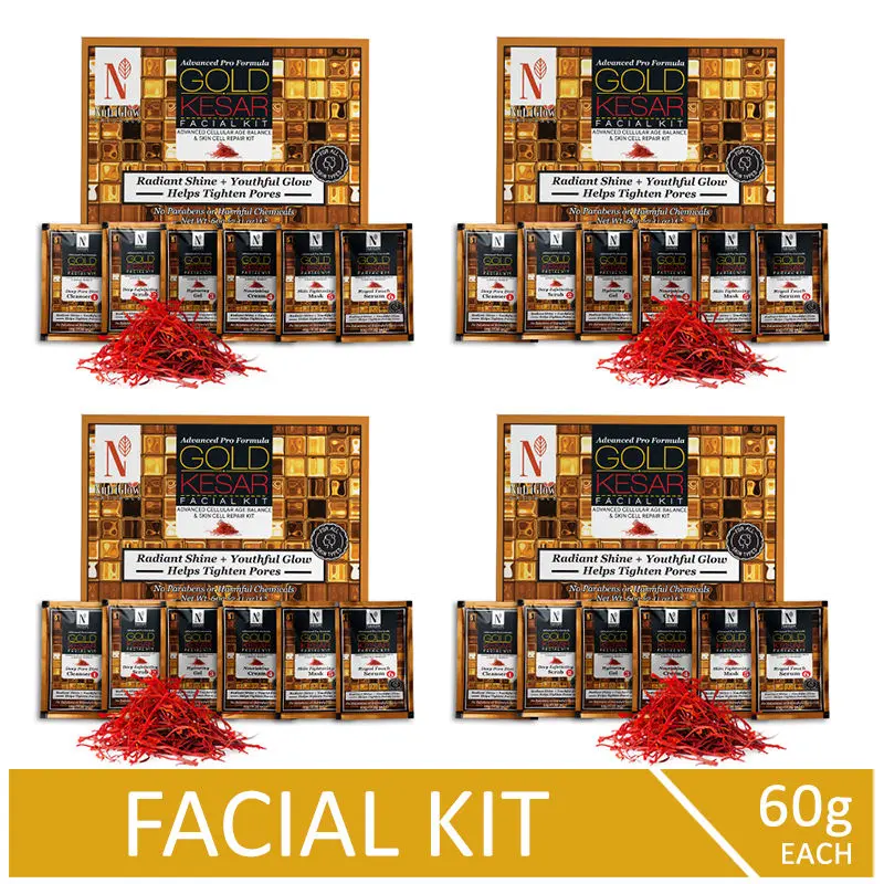 NutriGlow NATURAL'S Advanced Pro Formula Combo Pack of 4 Gold Kesar Facial Kit For Relief From Sunburn, 60gm each