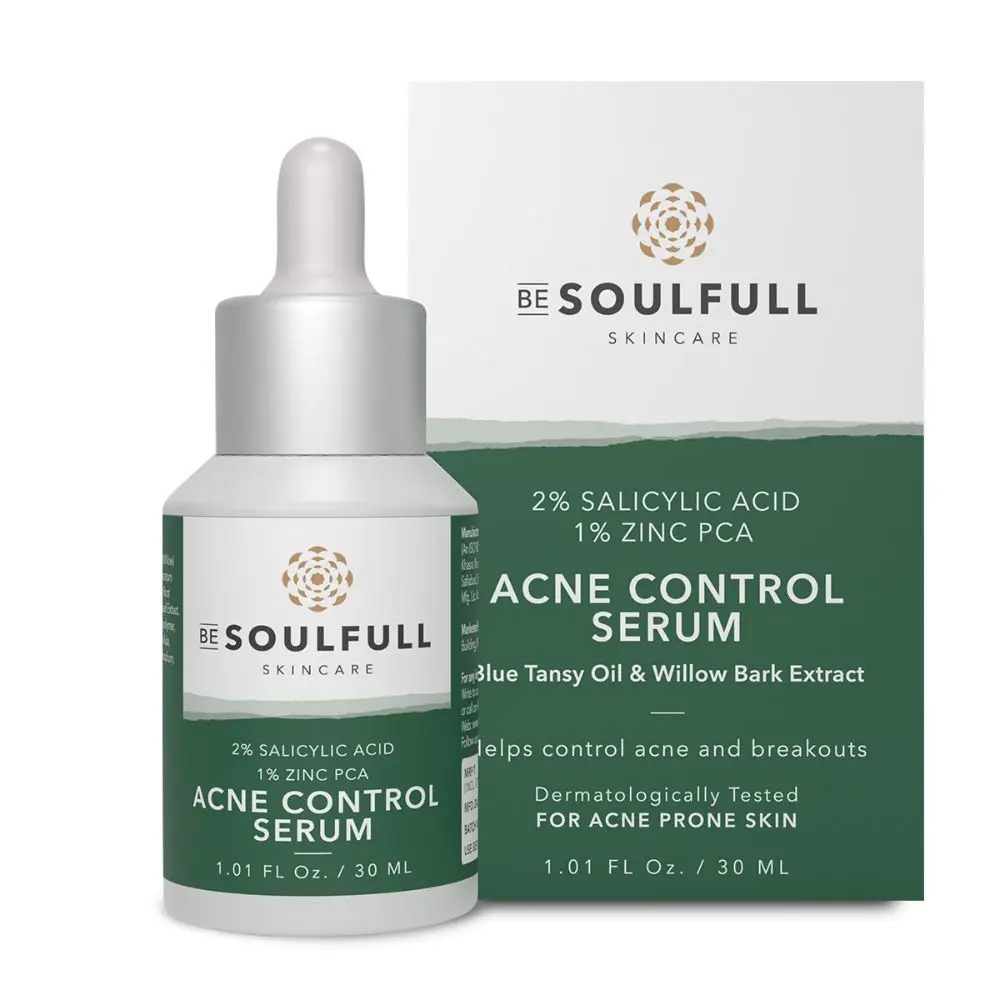 Be Soulfull Acne Control Serum with 2% Salicylic Acid, 1% Zinc PCA, Willow Bark Extract & Blue Tansy Oil | Exfoliates, Hydrates, Treats Active Acne & Hyperpigmentation, Calms Inflammation