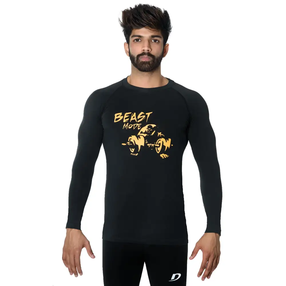 DK Active Wear Full Sleeve Gym T Shirt (Beast Mode),  Black and Yellow  Medium