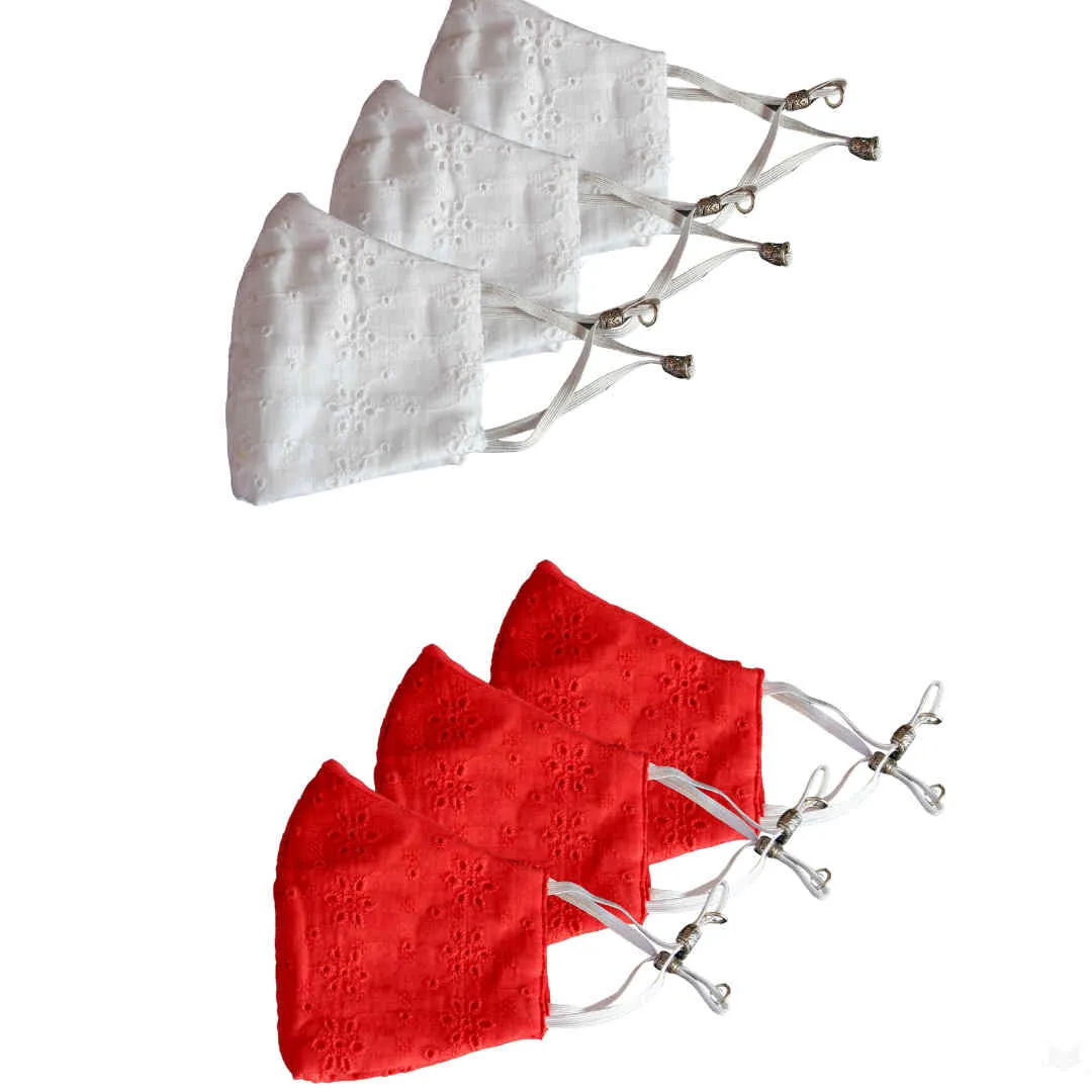 Bellofox White Chikan And Red Chikan Face Mask (Set Of 6)