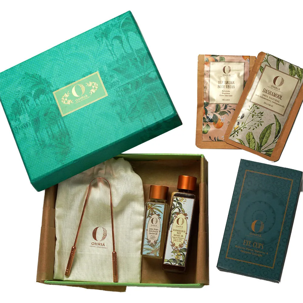 Ohria Ayurveda Detox Box - Coconut Oil+Massage Oil+Eye Cups+Tongue Cleaner+Body Ubtan+Dashamool