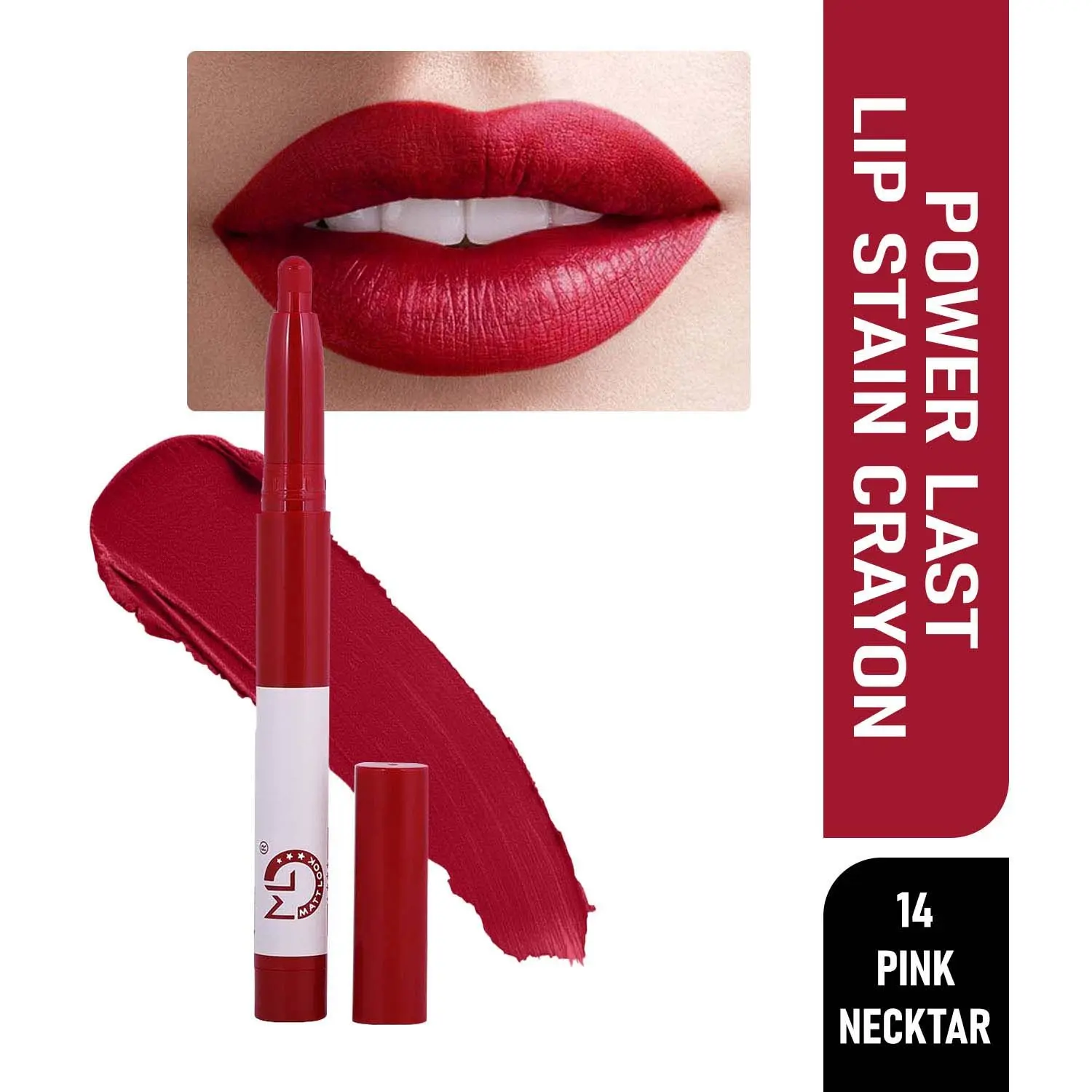 Matt look Power Last Lip Stain Crayon Lipstick, Rich Colour, Non Transfer, Mask Proof & Luxurious Creamy Matte, Pink Necktar (1.3g)