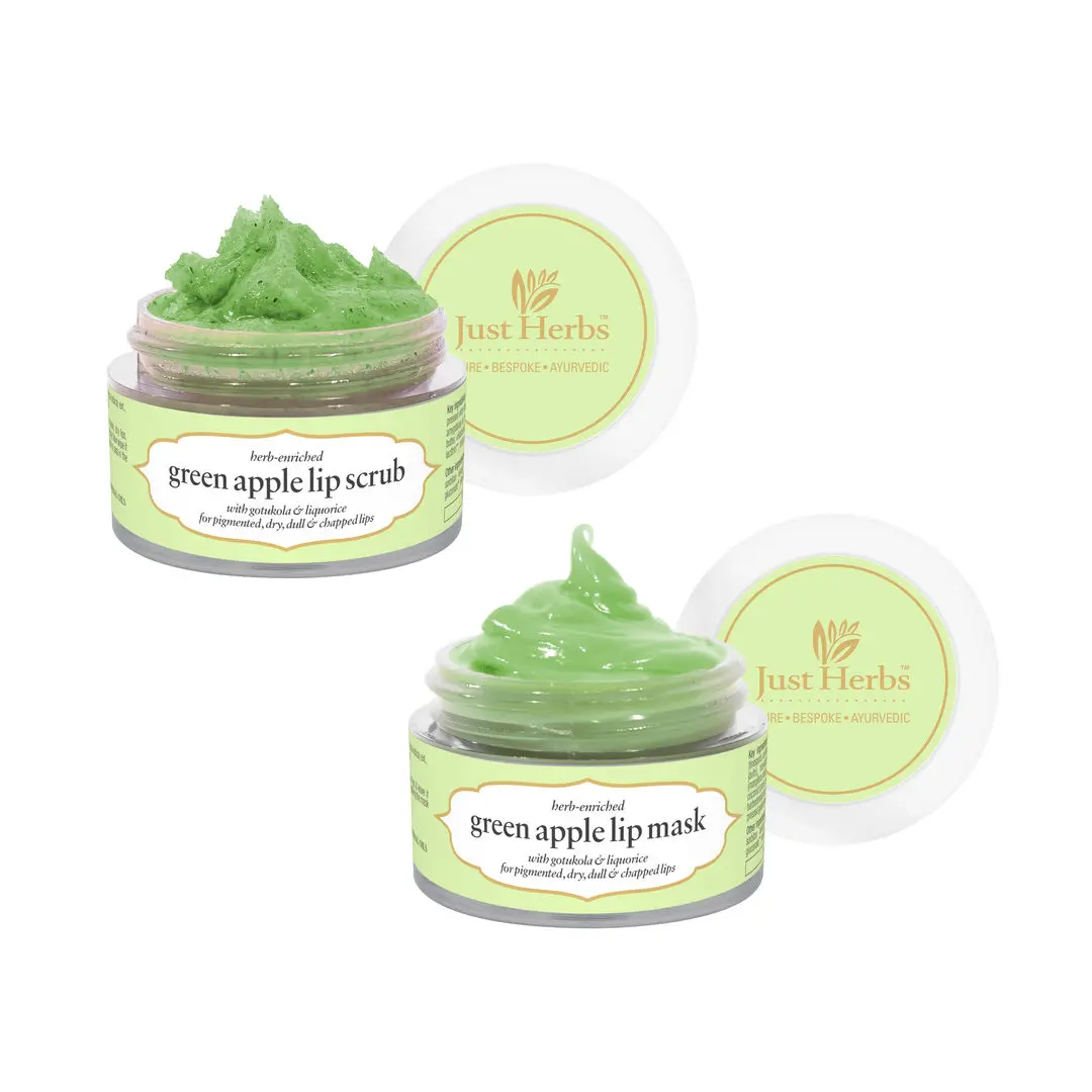 Just Herbs Ayurvedic & Vegan Green Apple Lip Scrub & Lip Mask duo pack for Chapped, Pigmented & Dark lips (30 g)