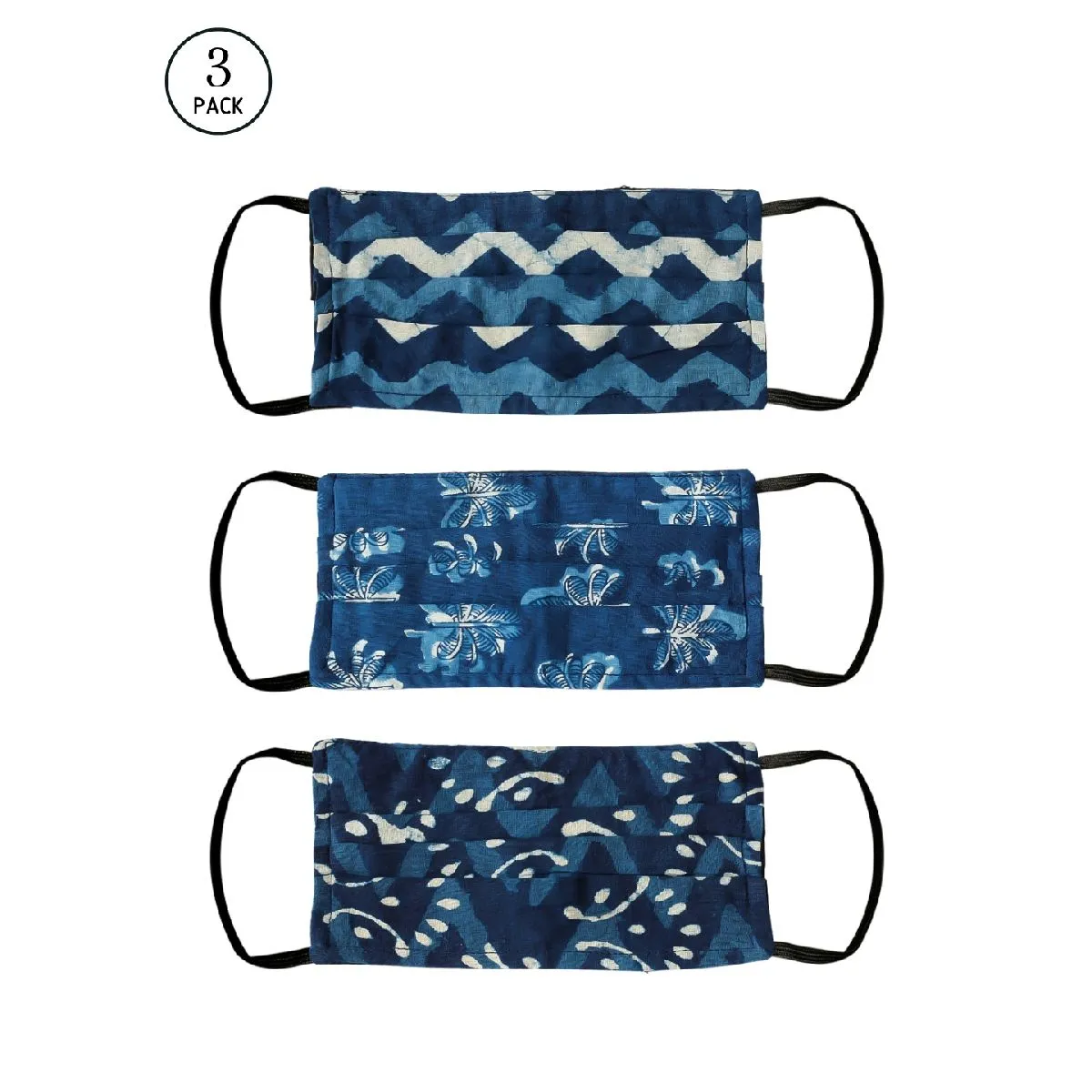 Bellofox 3-Ply Blue Indigo Zigzag- Indigo Flower & Indigo Leaf Cotton Face Mask (Pack Of 3)