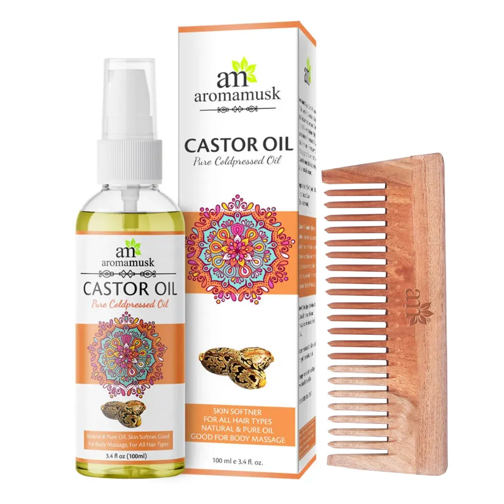 AromaMusk Cold Pressed Castor Oil with Wide Tooth Neem Wood Comb