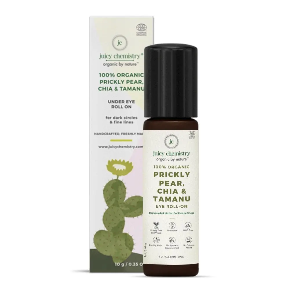 Juicy Chemistry Prickly Pear, Chia & Tamanu Under Eye Oil for Dark Circles & Wrinkles 7 ml- 100% Certified Organic Eye Roll-on