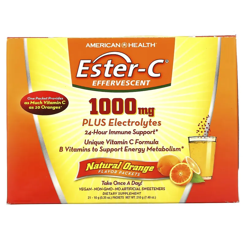 Ester-C Effervescent, Natural Orange Flavor, 1,000 mg, 21 Packets, 0.35 oz (10 g) Each