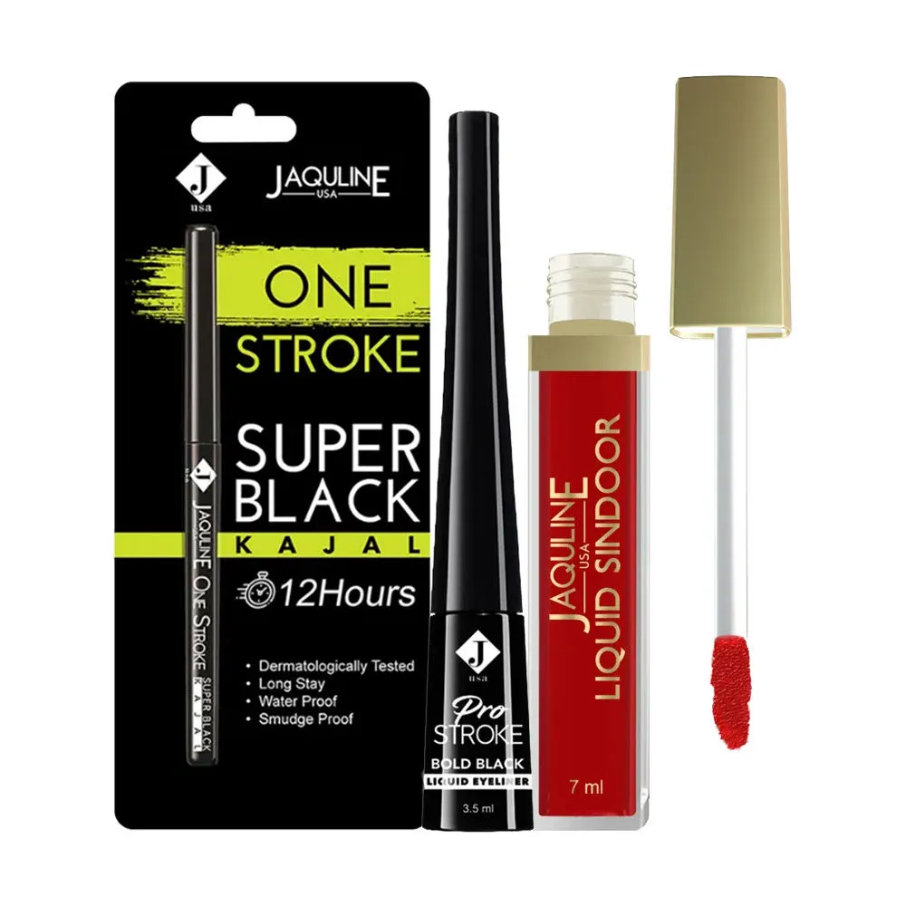 Jaquline USA One Stroke Black Kajal + Pro Stroke Black Liquid Eye Liner + Maroon Liquid Sindoor