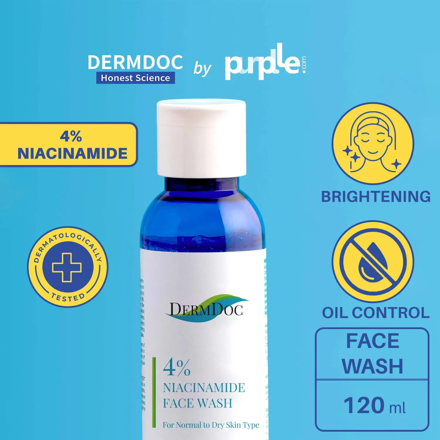 DERMDOC by Purplle 4% Niacinamide Face Wash (120 ml) | face wash for dry skin | oil free face wash | face wash niacinamide | niacinamide for oily skin | brightening, non-drying face wash