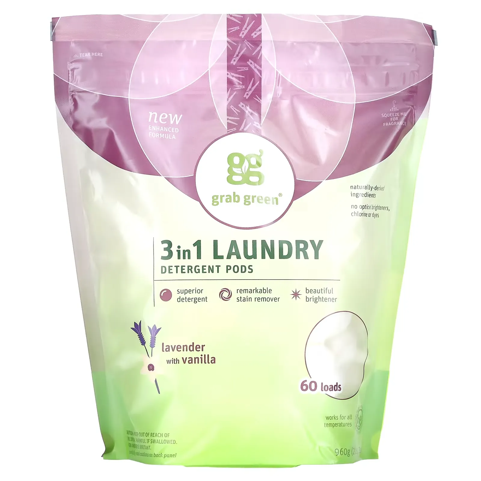 3 in 1 Laundry Detergent Pods, Lavender with Vanilla, 60 Loads, 2 lbs 2 oz (960 g)