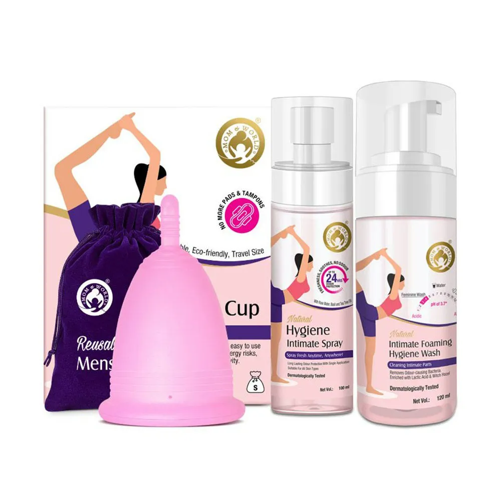 Mom & World Reusable Menstrual Cup + Hygiene Spray + Intimate Foaming Feminine Hygiene Wash - Small