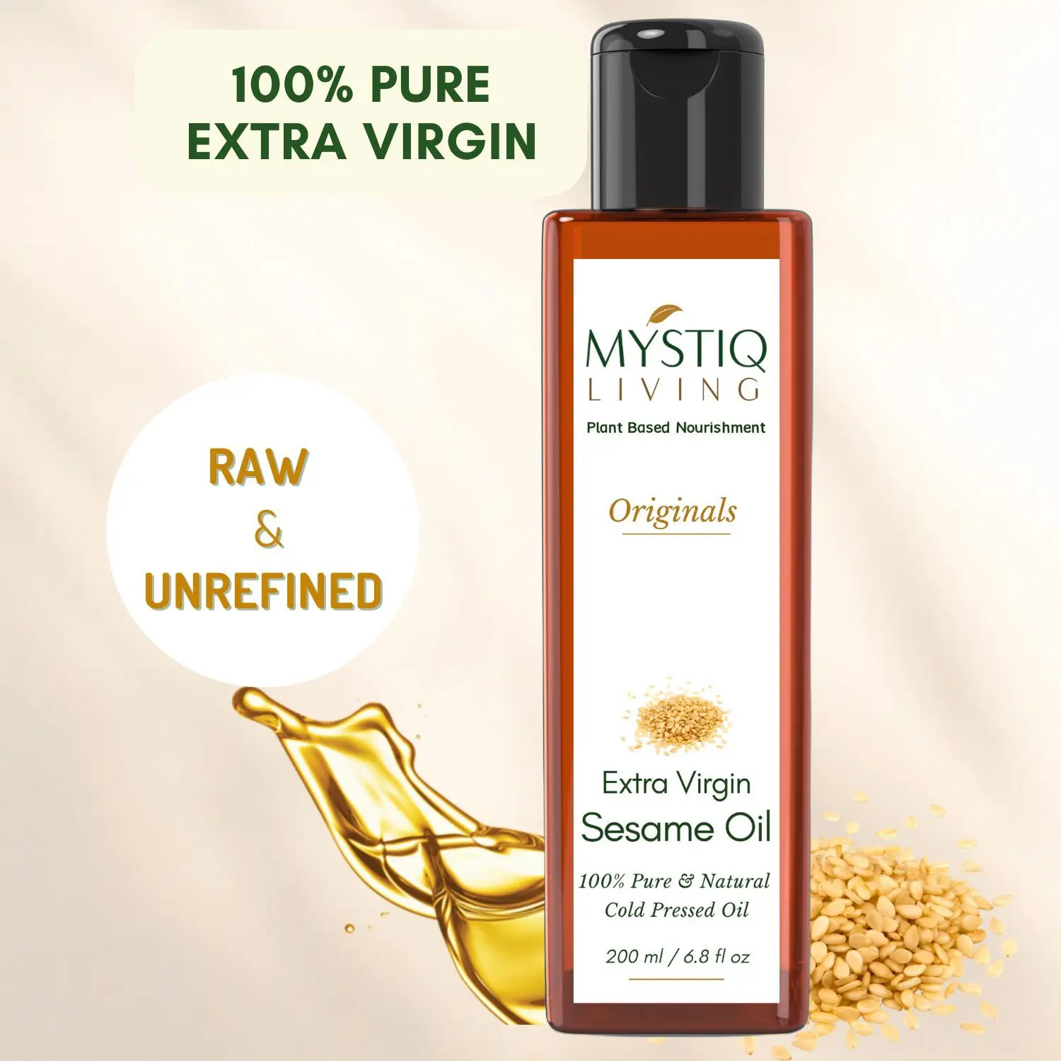 Mystiq Living Originals - Extra Virgin Sesame Oil, Organic | For Hair, Body, Skin Care, Massage | Cold Pressed | 100% Pure & Natural - 200ML