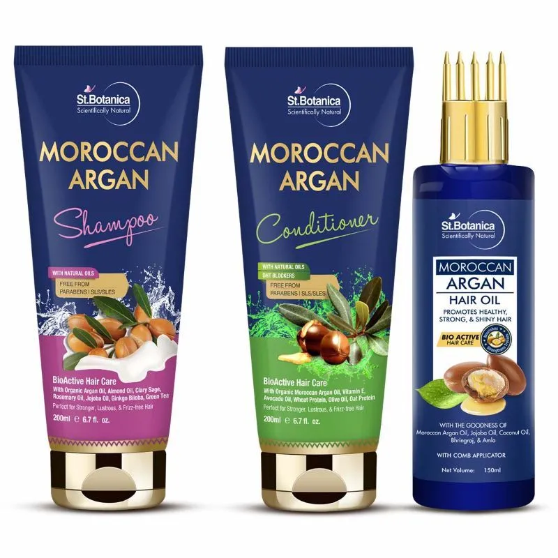 St.Botanica Moroccan Argan Shampoo + Conditioner + Argan Hair Oil With Comb Applicator