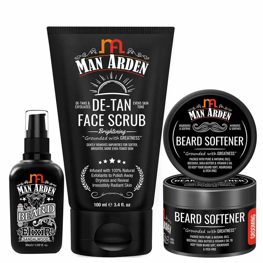 Man Arden Men Grooming - De-Tan Face Scrub, Beard Oil (Elixir), Beard Softener Combo,  3 Piece(s)/Pack  Beard Care