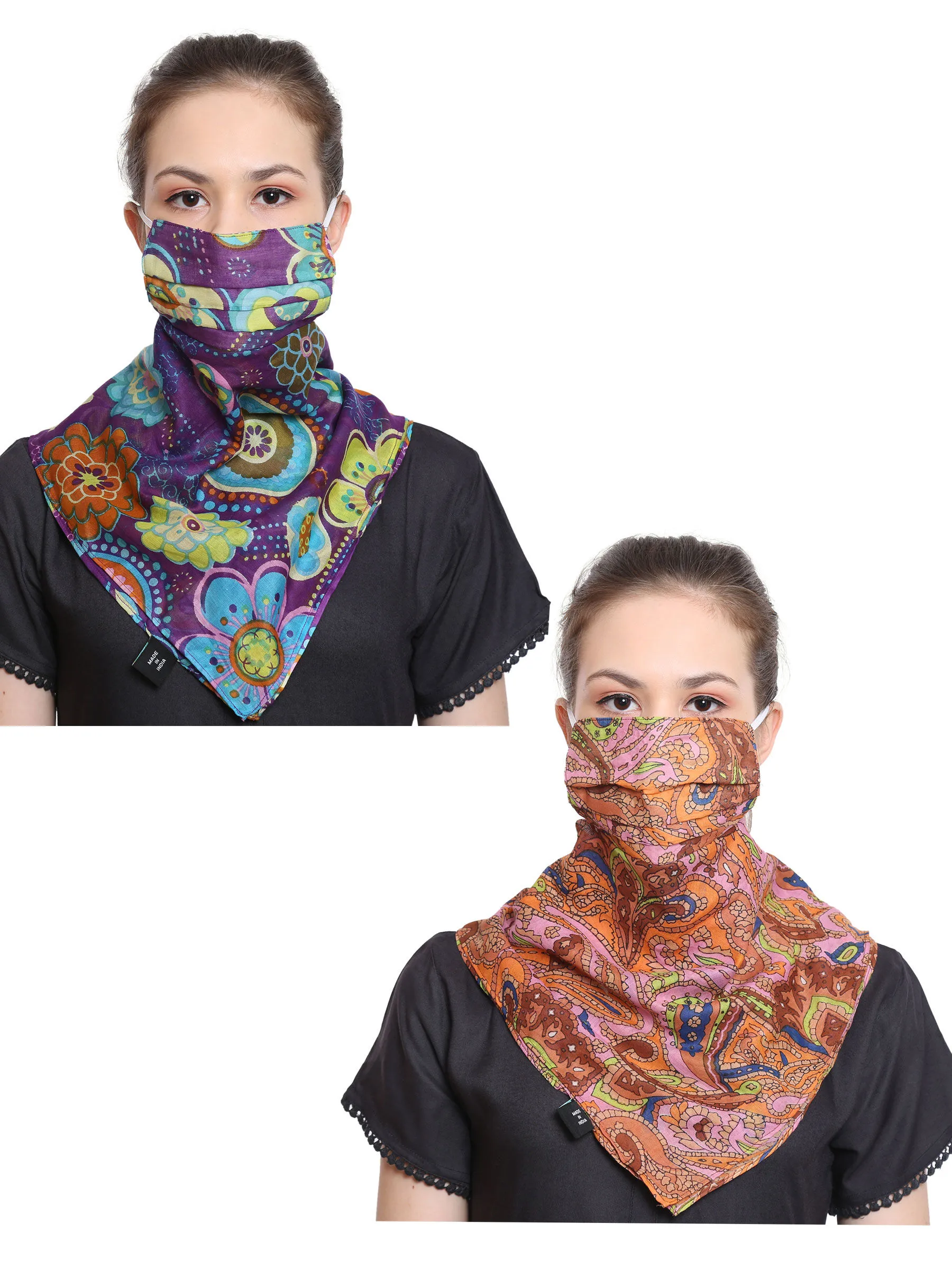 Anekaant Multicolor 3-Ply Reusable Printed Cotton Scarf Style Fashion Mask (Pack Of 2)