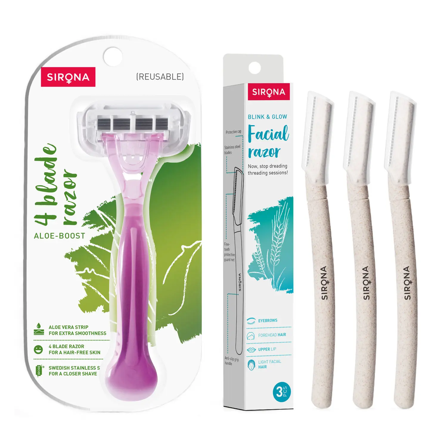 Sirona 4 Blade Reusable Razor for Women - 1 Unit with Blink and Glow Face Razor - 3 Razors