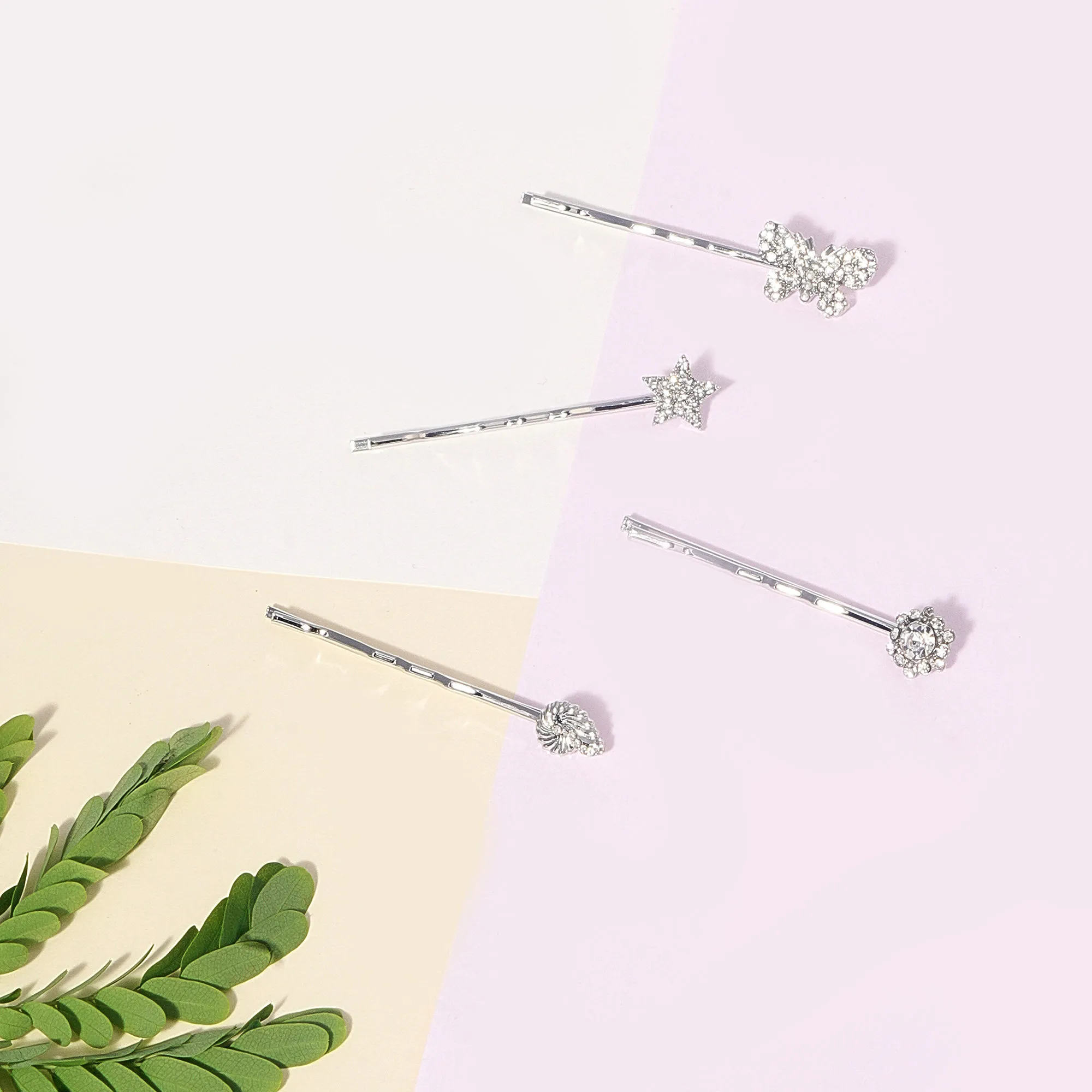 Belleziya Silver Finish Assorted Hair Pins (set Of 4)