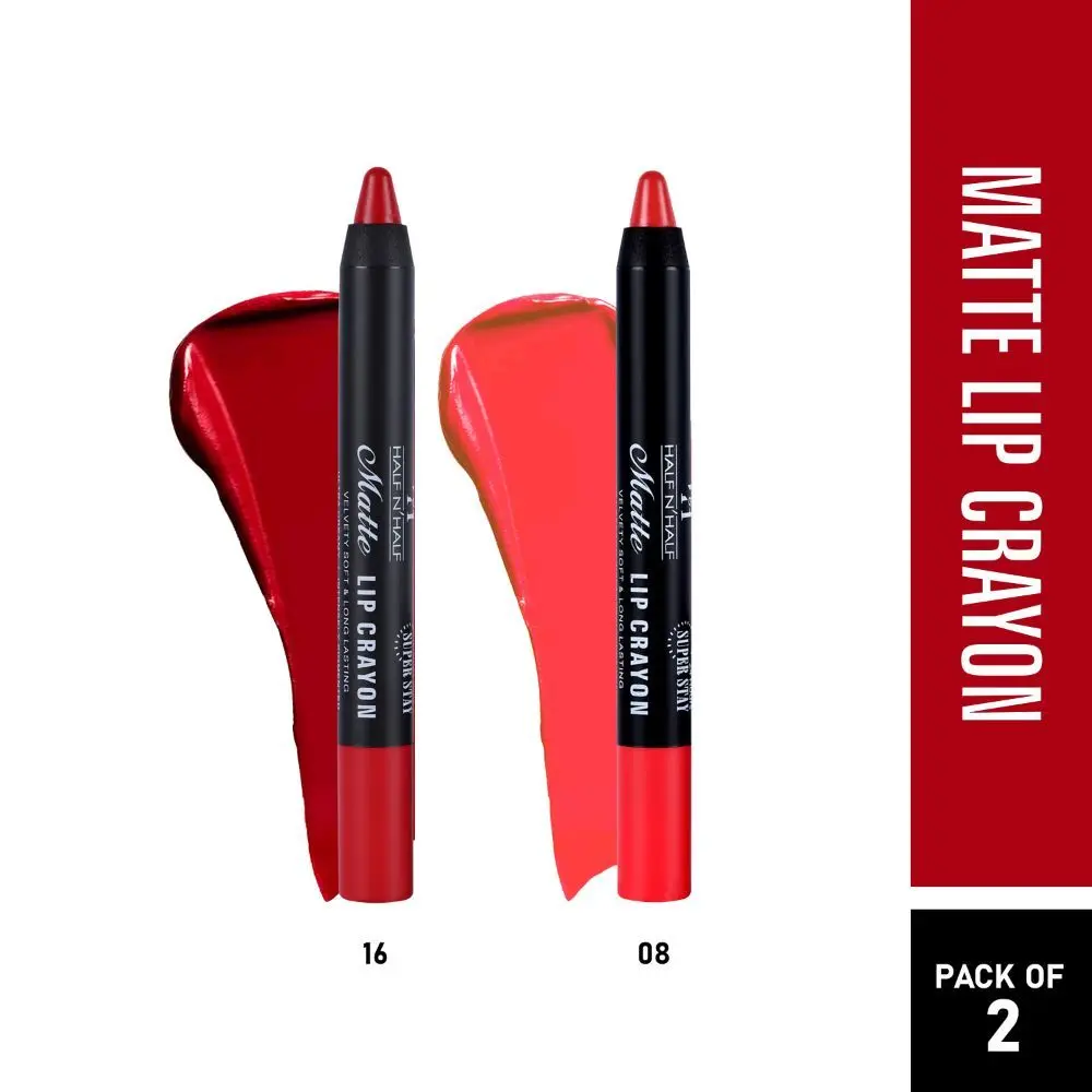 Half N Half Matte Lip Crayon Velvet Soft & Long Lasting, 24h Super Stay, Scarlet Red & Pretty Pink, PO2 (10.5gm)