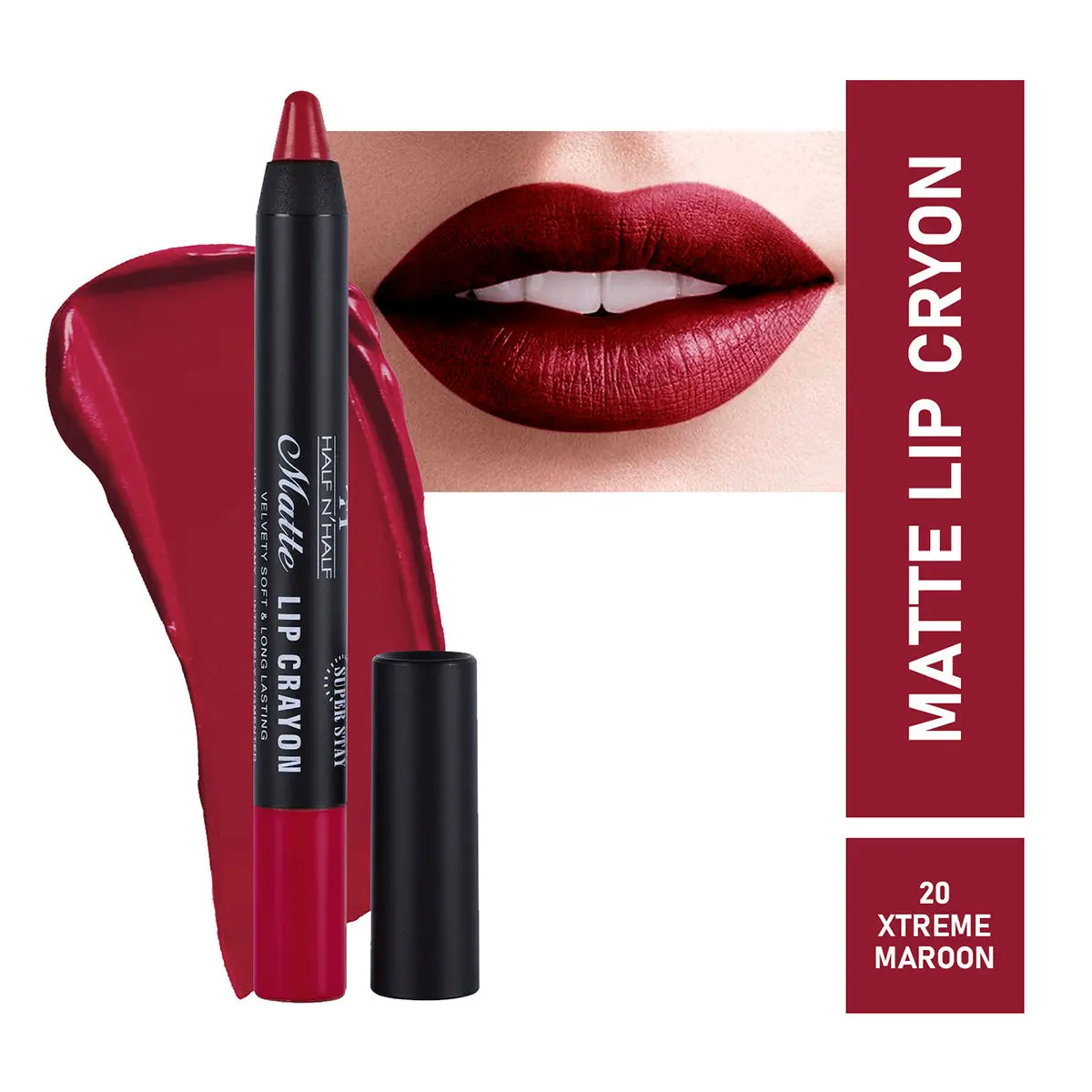 Half N Half Matte Lip Crayon Velvet Soft, Rich Creamy Matte Texture, 24h Super Stay, Waterproof & Non-Transfer, Long Lasting, Matte Finish, 20 Xtreme Maroon (3.5gm)