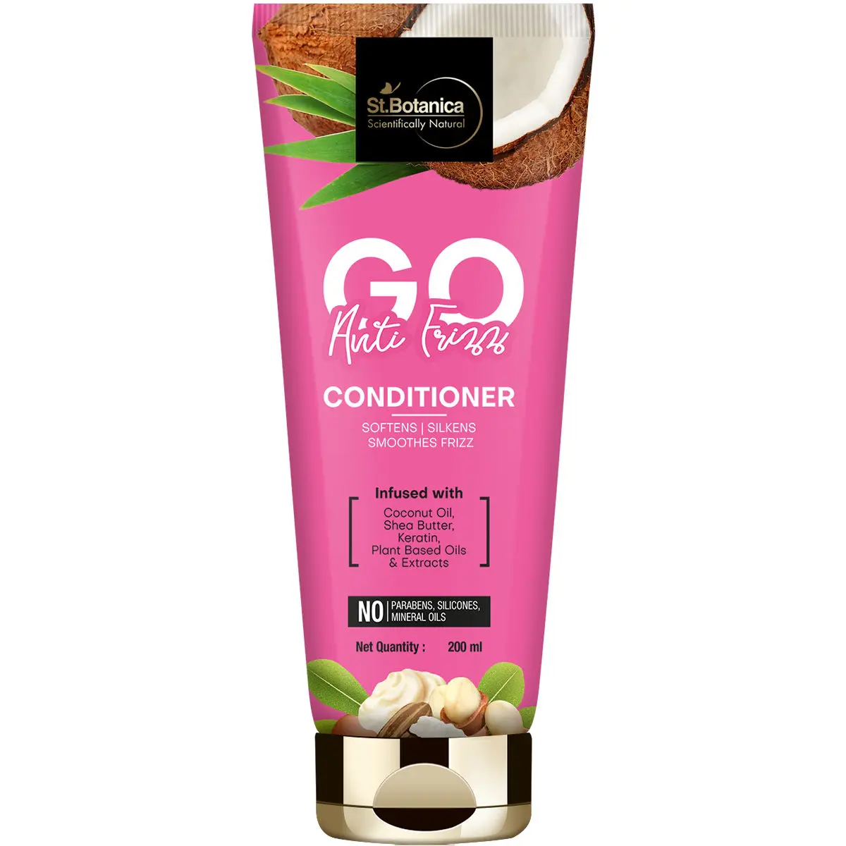 StBotanica GO Anti-Frizz Hair Conditioner - With Coconut Oil, Shea Butter, Keratin, No SLS / Sulphate, Paraben, Silicones, Colors, 200ml