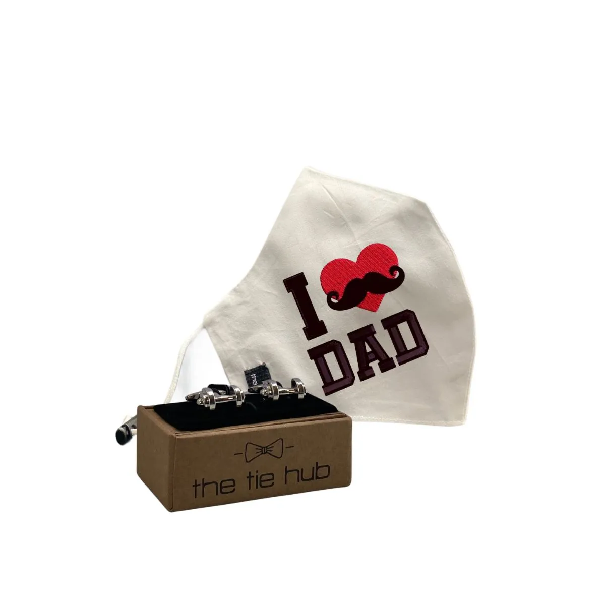 The Tie Hub Love Dad red heart Face Mask with Silver Dumbells Cufflinks