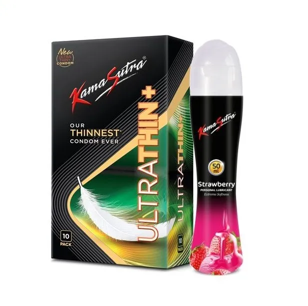 KamaSutra Ultrathin+ Condoms For Men, 10 Units & Strawberry Flavoured Lubricant 50ml