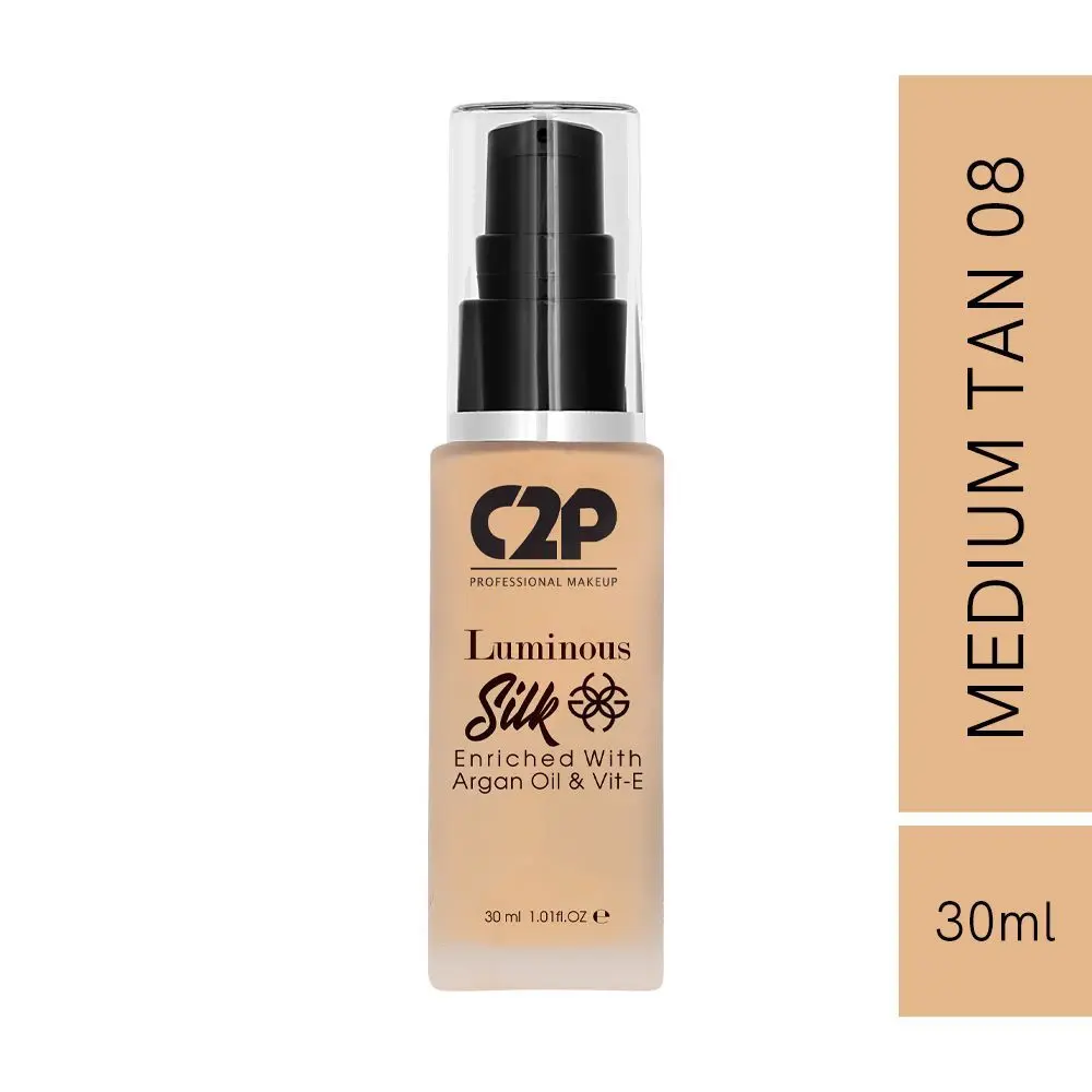 C2P Pro Luminous Silk Liquid Foundation Enriched with Argan Oil & Vitamin E - Medium Tan 08