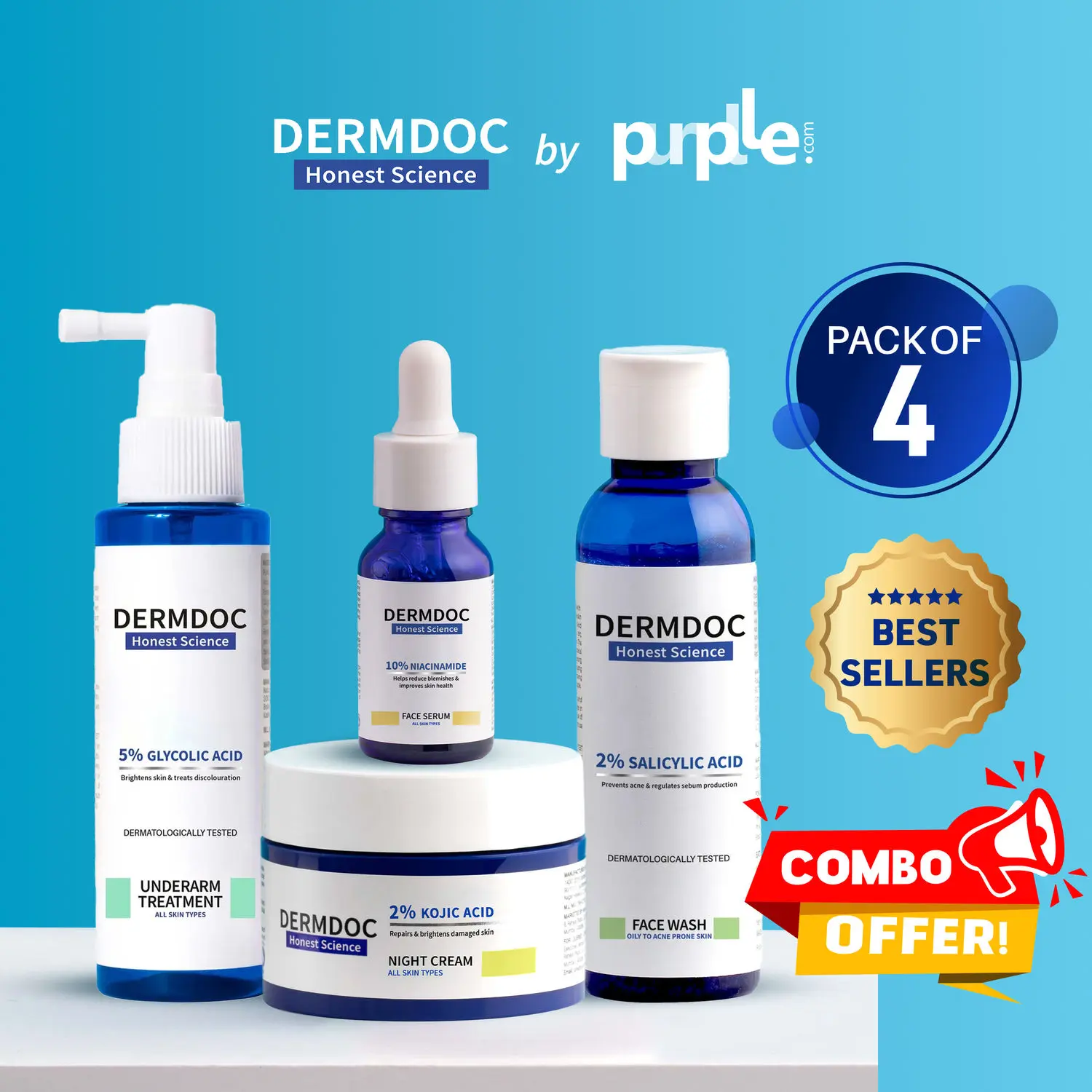 DERMDOC Combo Kit of Best-Sellers | niacinamide serum | glycolic acid underarm brightening spray | kojic acid night cream | salicylic acid face wash | value pack