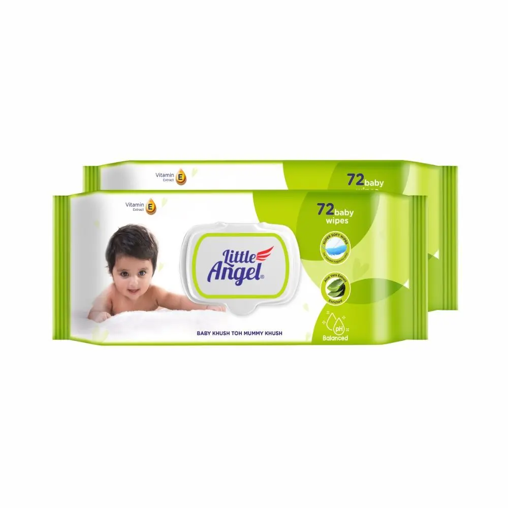 Little Angel Super Soft Cleansing Baby Wipes Lid Pack, 144 Count, Enriched with Aloe vera & Vitamin E, pH balanced, Dermatologically Tested & Alcohol-free, Pack of 2,72 count/pack