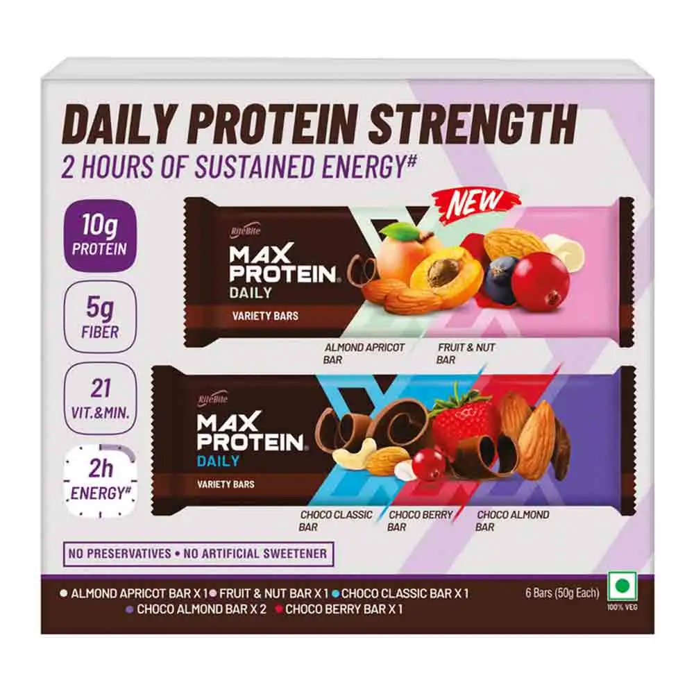 RiteBite Max Protein Daily Bar (10g Protein),  6 bar(s)  Assorted (Each 1 & Choco Almond x 2)