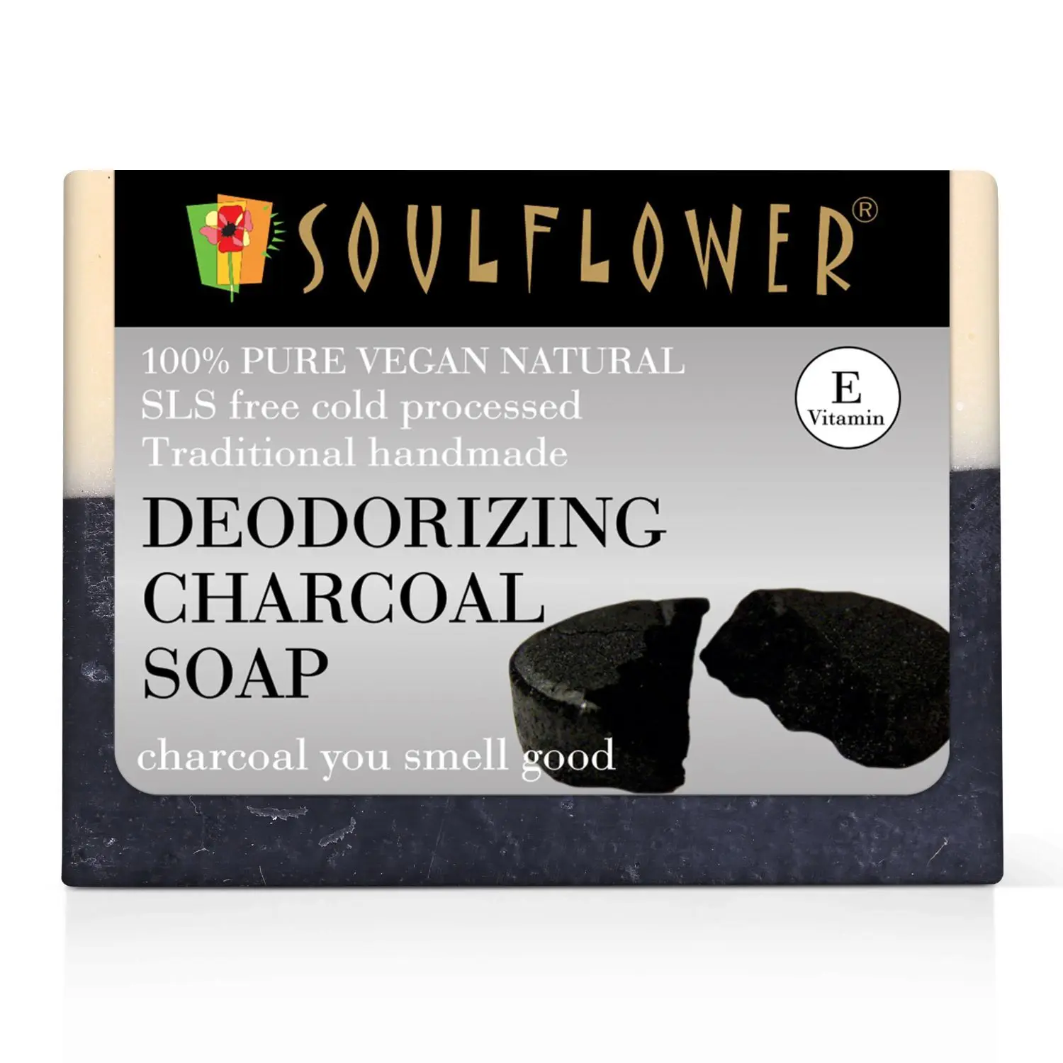 Soulflower Deodorizing Charcoal Soap for flawless skin, 100% Pure & Natural, Handmade, SLS Free, Cold Processed, 150g