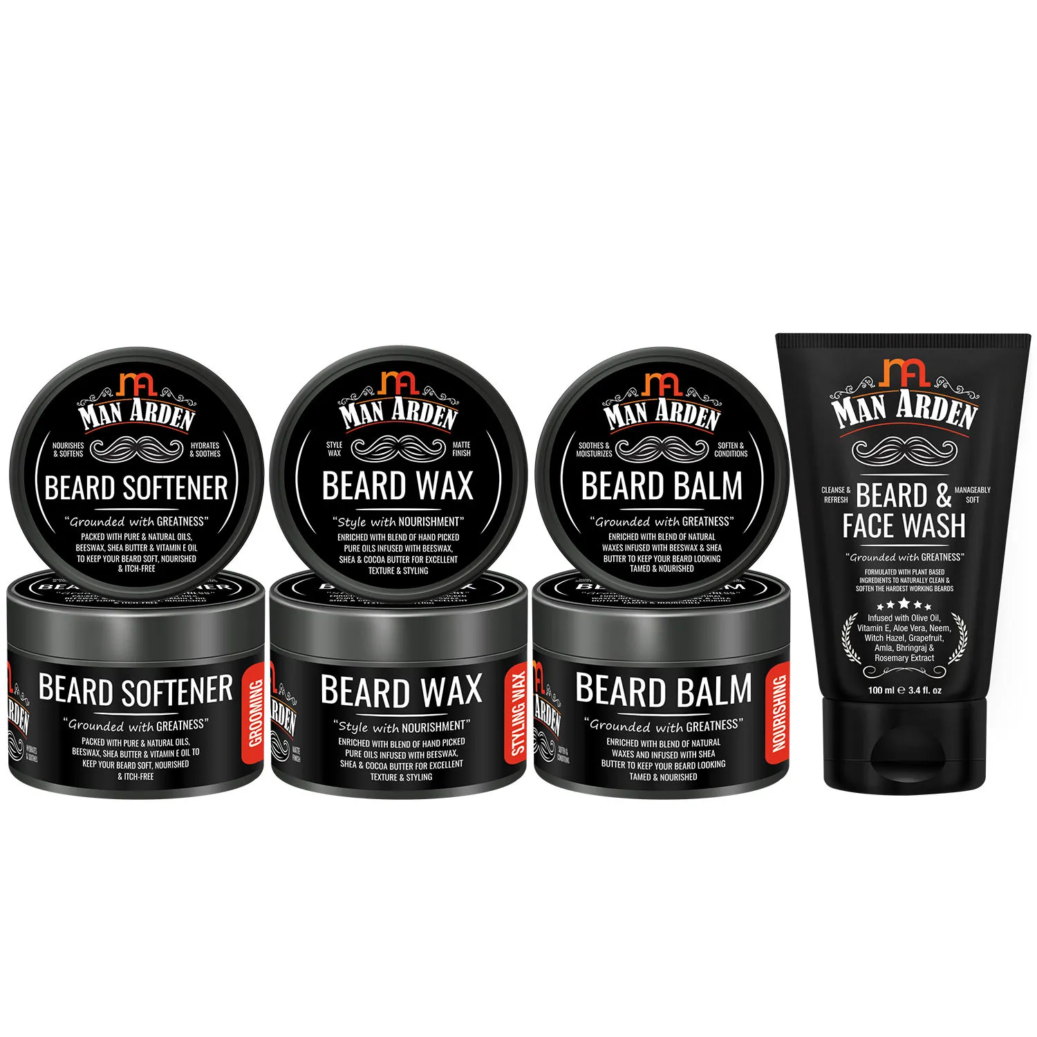 Man Arden Beard Care Combo - Beard Softener + Beard Wax + Beard Balm + Beard And Face Wash