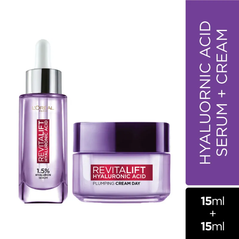 L'Oreal Paris Revitalift Hydrated, Plump Skin Combo: Hyaluronic Acid Serum, 15ml + Day Cream