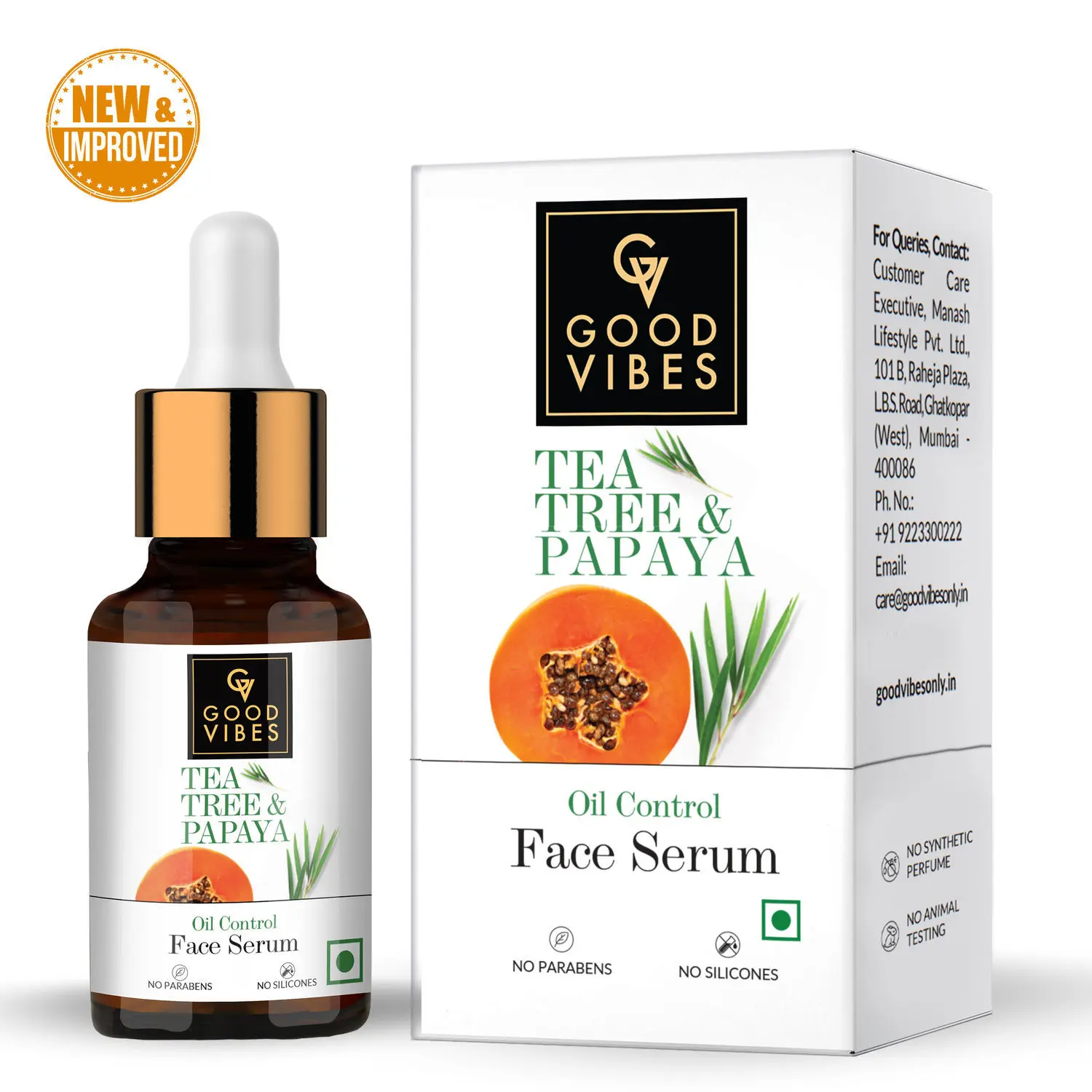 Good Vibes Tea Tree & Papaya Oil Control Face Serum | Even Skin Tone, Brightening | With Castor Oil | No Parabens, No Sulphates, No Mineral Oil (10 ml)