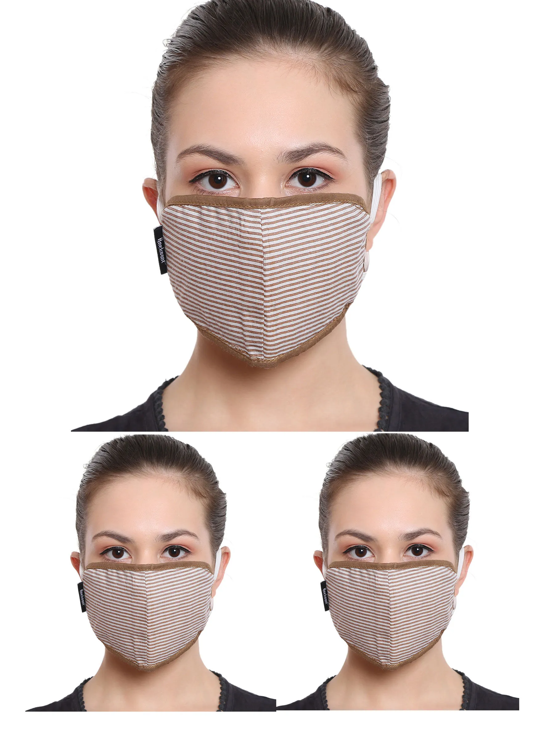 Anekaant Light Brown & White 3-Ply Reusable Poly Cotton Striped Fabric Fashion Mask (Pack Of 3)