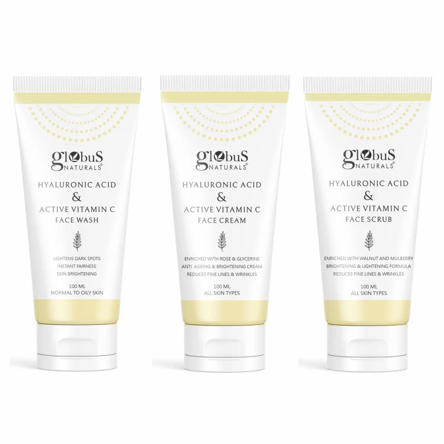 Globus Naturals Vitamin C & Hyaluronic Acid Anti-Ageing & Brightening Face Care Combo Set of 3 - Face Wash, Face Cream & Face Scrub