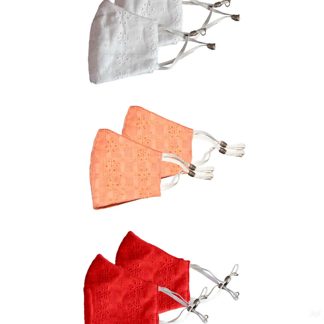 Bellofox White Chikan,Peach Chikan And Red Chikan Face Mask (Set Of 6)