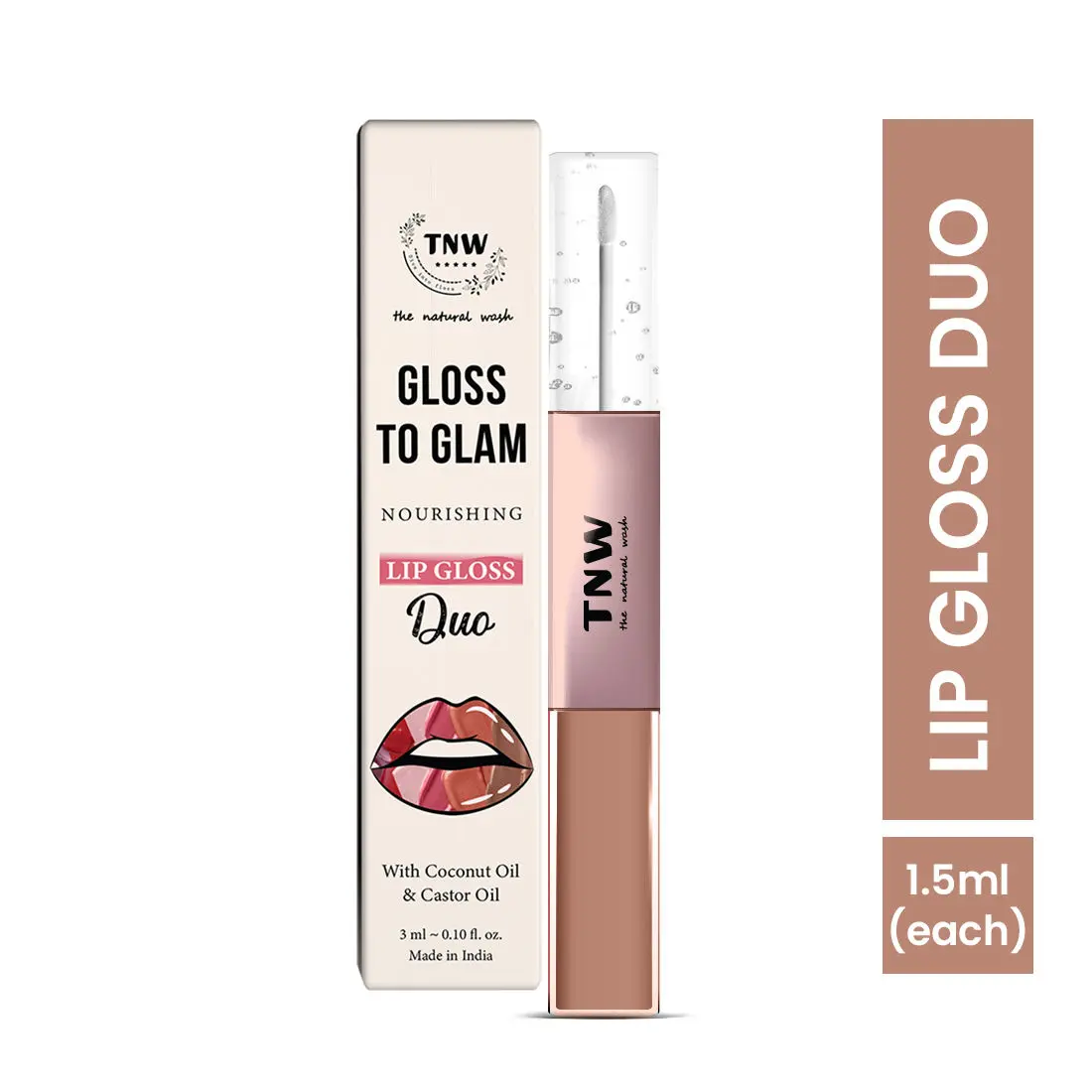 TNW -The Natural Wash Gloss To Glam Nourishing Lip Gloss Duo- Raindrop- Truffle | Clear | Shiny |Brown| Pigmented | Daily skin care needs | 1.5ml*1.5ml