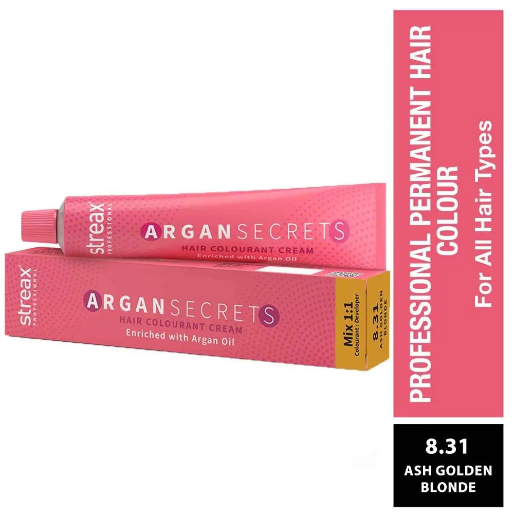 Streax Professional Argan Secrets Permanent Hair Colourant Cream - Ash Golden Blonde 8.31 ( Enriched with Argan Oil) For All hair types , 60g