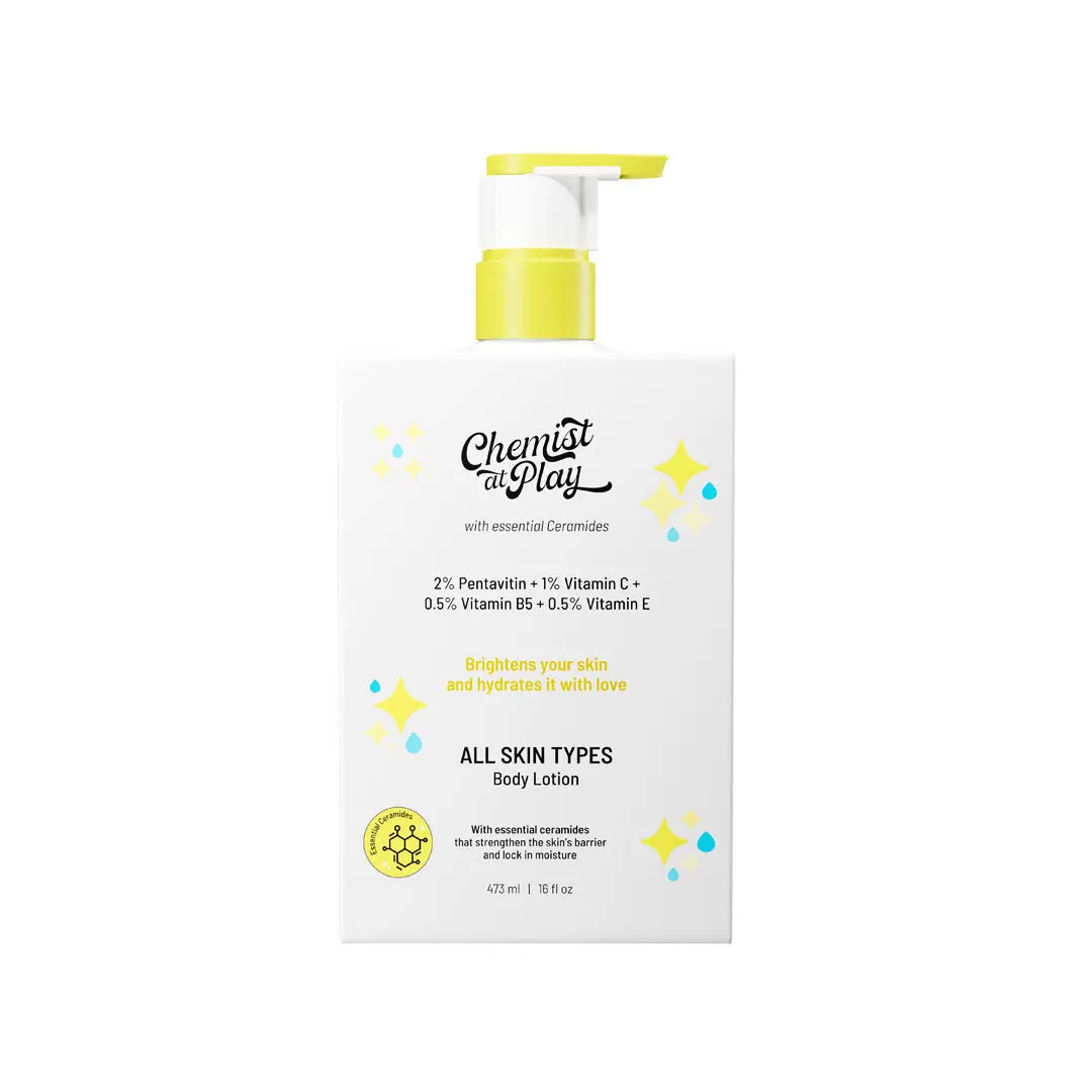 Chemist at Play Brightening Body Lotion with Ceramides for All Skin types | 2% Pentavitin + 1% Vitamin C + 0.5% Vitamin B5 + 0.5% Vitamin E | For bright, moisturized and glowing skin | 473 ml