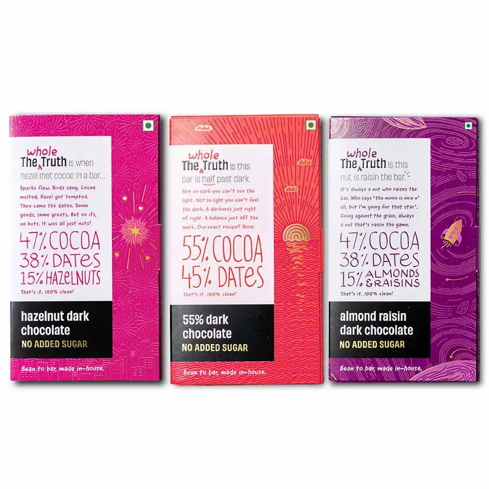 The Whole Truth Dark Chocolate Combo,  3 Piece(s)/Pack  55% Dark, Hazelnut, Almond Raisins (No Added Sugar)