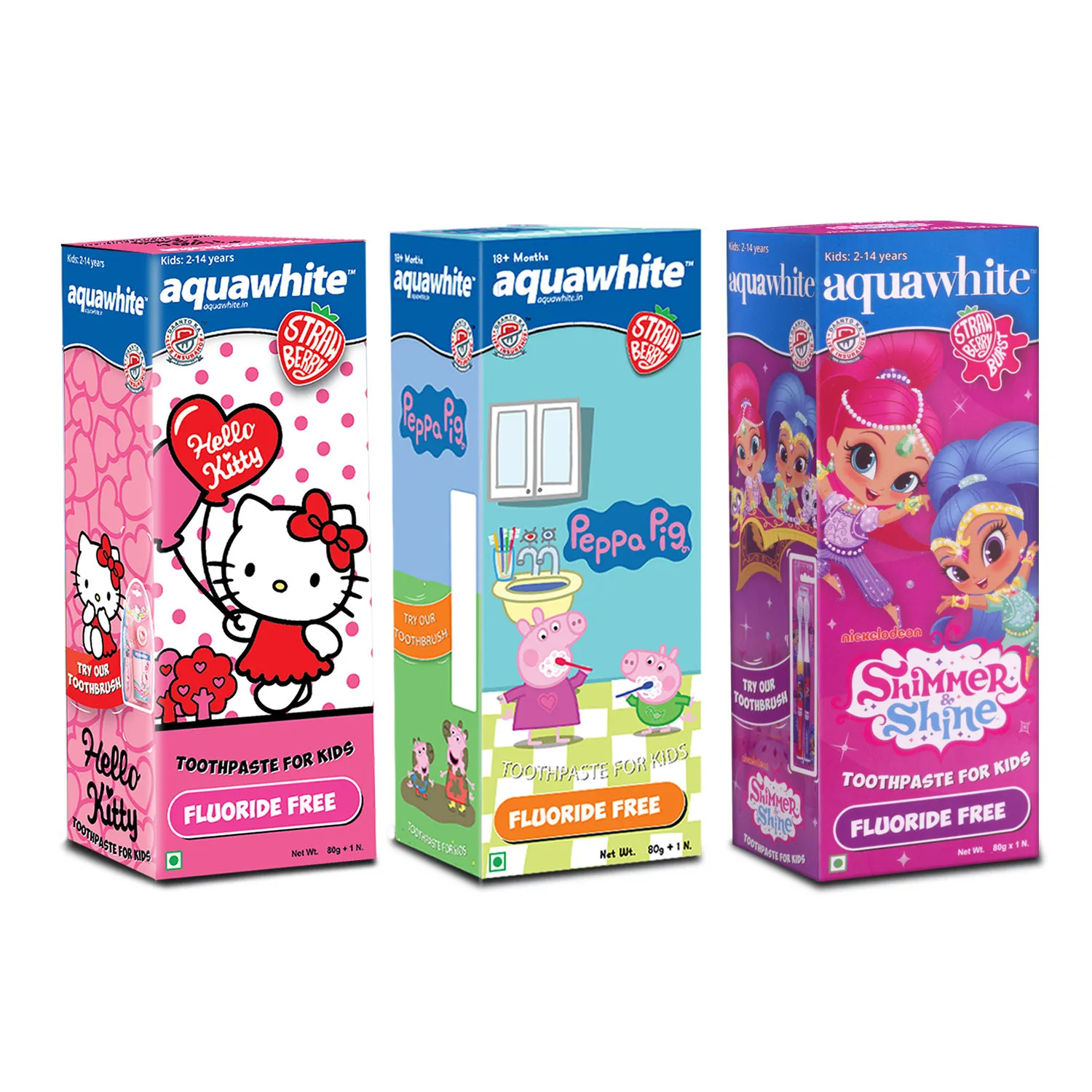 aquawhite Toothpaste Hello Kitty, Peppa Pig & Shimmer & Shine (2-14 Years), Pack Of 3 (Strawberry)