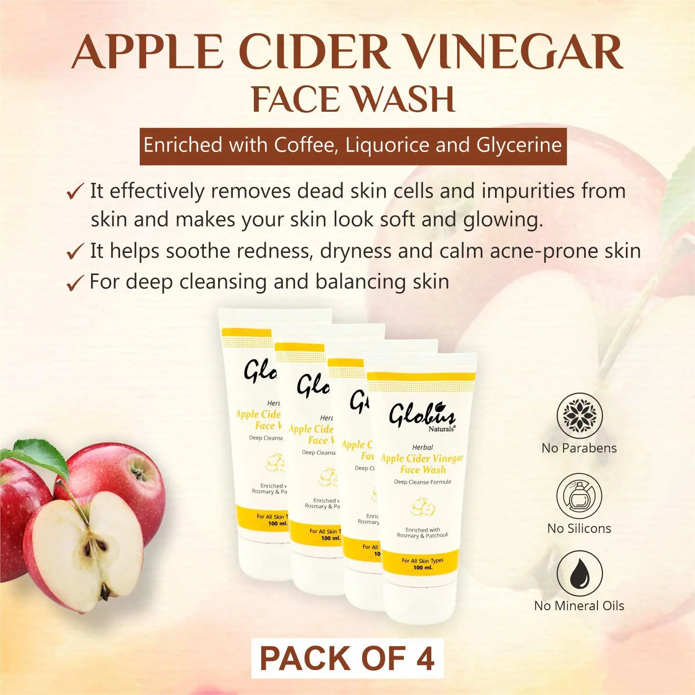 Globus Naturals Apple Cider Vinegar Face Wash 100 Ml (Pack Of 4)