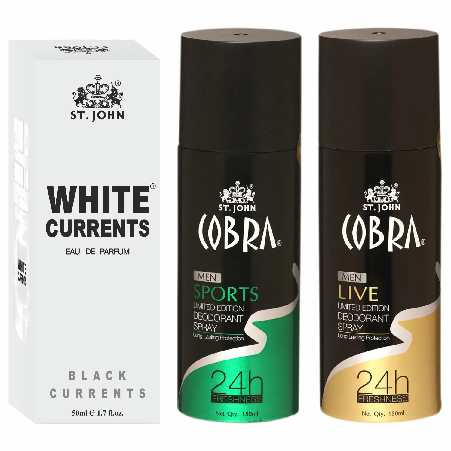 ST-JOHN Cobra Deodrant Live & Sports 150 ml each & White Current 50ml Perfume Combo Pack Perfume Body Spray - For Men & Women (350 ml, Pack of 3)