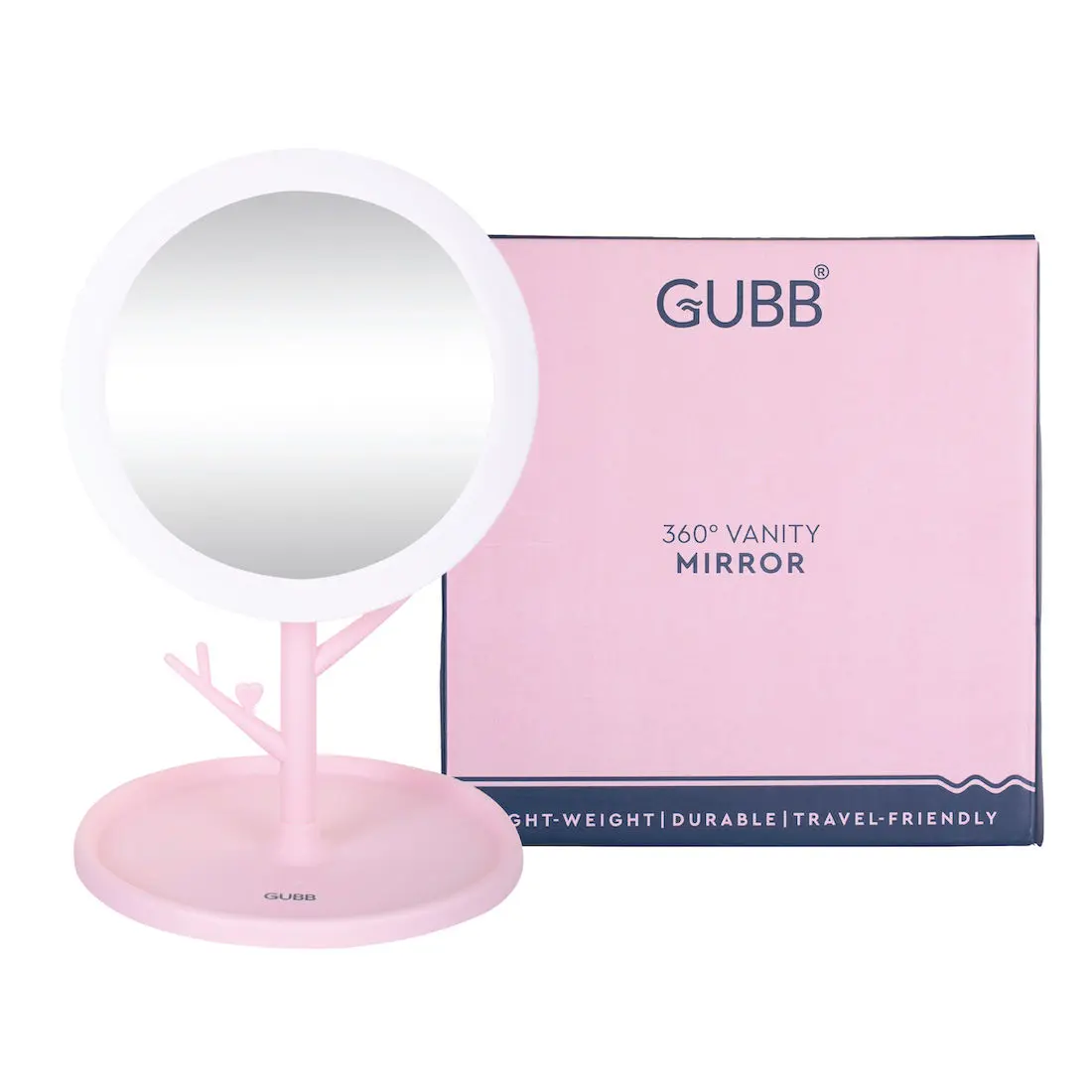 GUBB 360° Vanity Mirror with Storage Tray & Branch, Rotating Table Mirror - Pink
