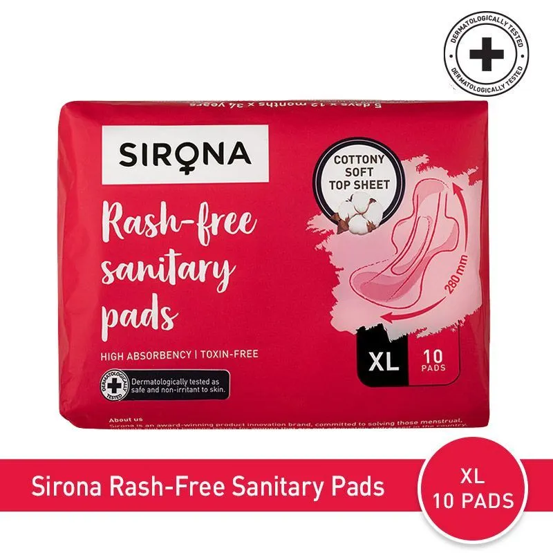 Sirona Cottony Soft Rash Free Sanitary Pads for Women - Pack of 10 (XL Size), Highly Absorbent Core