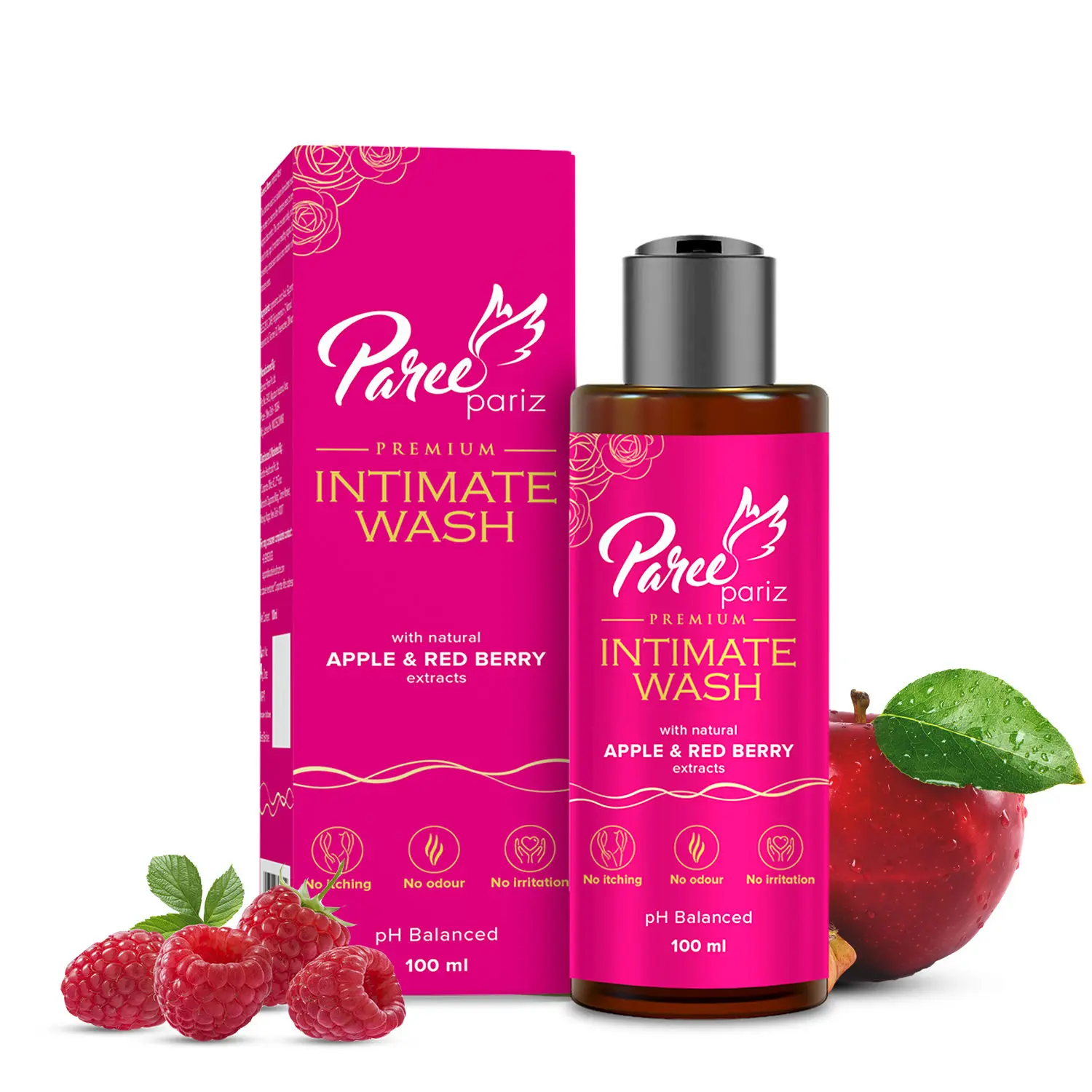 Paree Pariz Premium Intimate Wash with Apple and Berry Extracts Liquid Wash for Women Prevent Itching and Dryness, Balance PH, 100ML